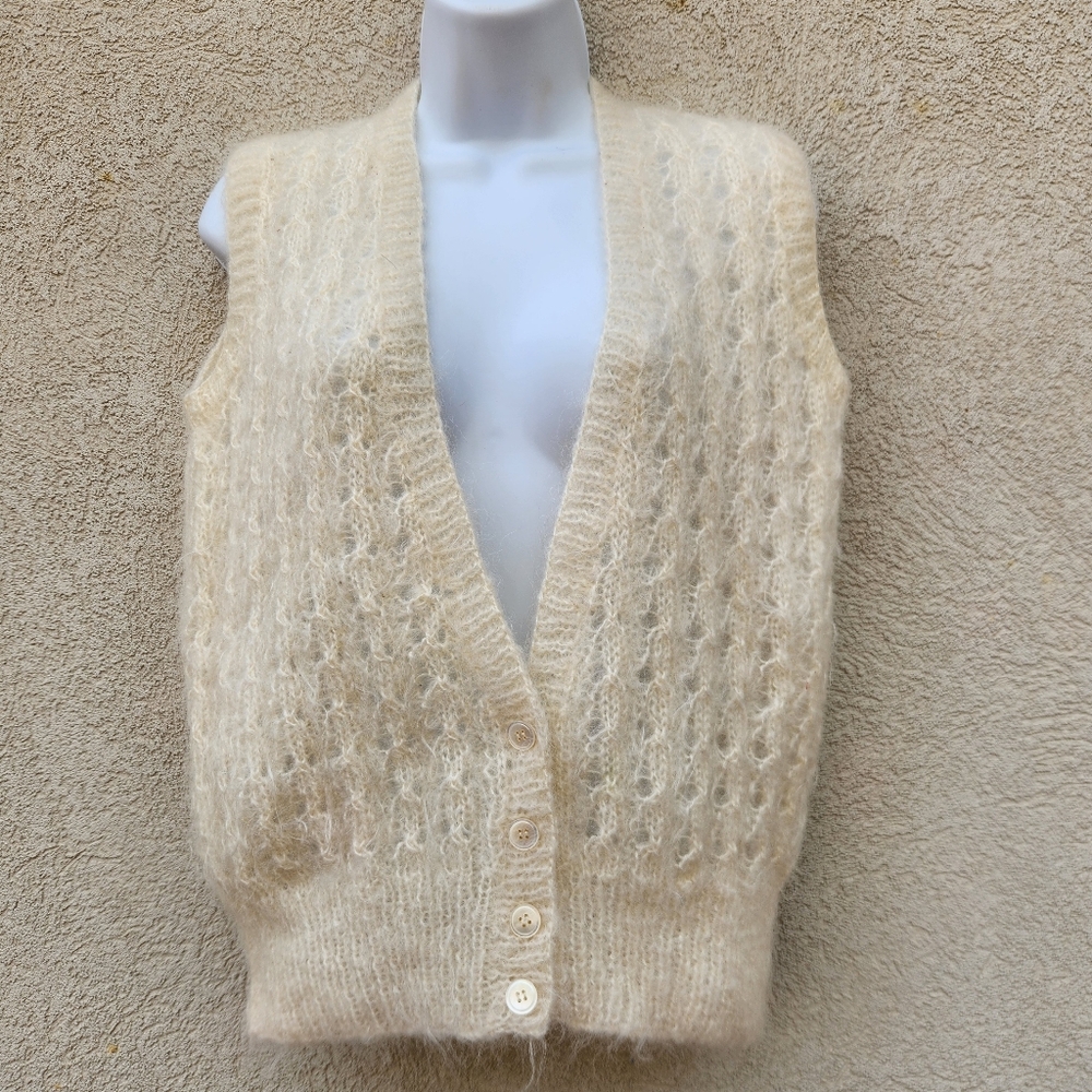 HANDMADE Womens Sweater Vest Medium Cream Mohair Open Knit Vintage